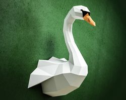 Papercraft Swan, DIY paper craft model, PDF template kit, Low poly paper sculpture, origami, animal trophy head, bird