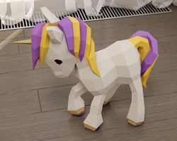 Papercraft Unicorn baby, 3D paper craft floor model, cute sculpture, PDF template, digital paper puzzle kit, pattern