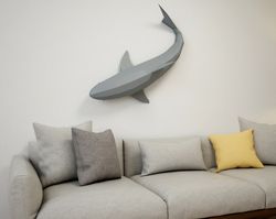 Wall-mount Paper Shark, XXL home decor, Low Poly Paper sculpture, 3D papercraft model, big origami, PDF template