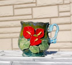 Flower mug Red anthurium.Embossed decor mug Botanical ceramics Plant prints mug Multicolored mug heart flowers Gift her