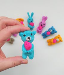 Miniature Amigurumi Blue Teddy Bear with Heart, Stuffed Handmade Toys