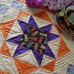 Unique Halloween quilted table runner, Orange and purple holiday table runner, Patchwork handmade table runner for sale