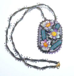 Flower embroidered necklace seed bead flower pendant amber fluorite