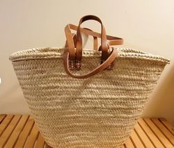 Large Double short Bag long leather handles straw basket capas coffin Natural Bamboo shopping Markets