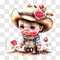 Crying Cowboy Boy with Roses-Expressive Drawing in High-Quality PNG and SVG Formats