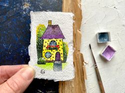 Tiny painting Miniature Original art Yellow house Mini watercolor 2x3 by Rubinova