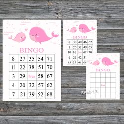 Pink whale bingo cards,Whale bingo game,Whale printable bingo cards,60 Bingo Cards,INSTANT DOWNLOAD--204