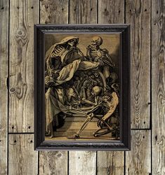 Skeletons with roundel mirror full of corpses. Dark European art print. Macabre poster. Gloomy decoration. 411.
