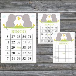 Baby Elephant bingo cards,Baby Elephant bingo game,Elephant printable bingo cards,60 Bingo Cards,INSTANT DOWNLOAD--193