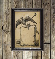 Skeleton with a clock sitting on a tombstone. Philosophical art print. 131.