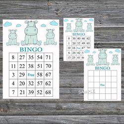 Blue hippo bingo cards,hippo bingo game,Safari printable bingo cards,60 Bingo Cards,INSTANT DOWNLOAD--185