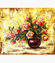 Roses Painting Flowers Original Art Impasto Artwork 20x24 inch by Oksana Stepanova