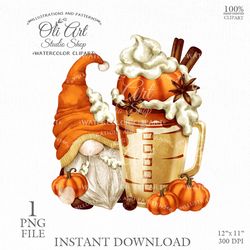 Fall Coffee Drink PNG, Latte gnome, Pumpkin, Clip art PNG