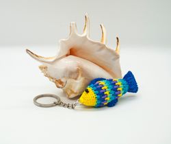 Unique multicolor Fish Keychain, Small rainbow keyring fish, Crochet charm Water animal Patterned fish keyfob