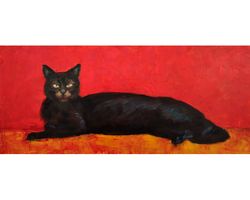 Cat Painting Black Cat Original Art Cat Lover Gift Animal Artwork Black and Red Wall Decor by Sonnegold