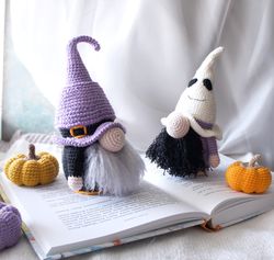 Pair of Fall Gnomes, Halloween Gnomes, Ghost, Witch gnomes with two pumpkins, Gnomes doll, Thanksgiving Tomte Gnomes