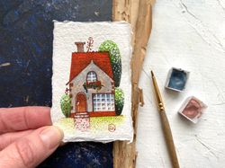 Mini painting House Original art Miniature watercolor Cottage artwork 2x3 by Rubinova