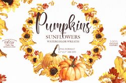Wreath Watercolor of pumpkins and sunflowers clipart