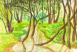Trees and river, summer landscape, original watercolor painting