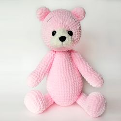 Teddy bear plush toy Big pink bear Handmade toy Crochet bear