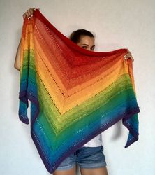 Rainbow Hand-Knit Shawl Scarf - Gift for Mom or Granny