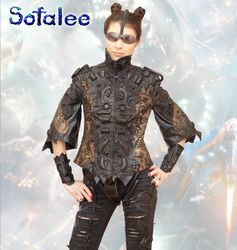 The unique genuine leather jacket 3/4 sleeves, wide bracelets, collar, cyberpunk style by Sofalee. The real leather coat