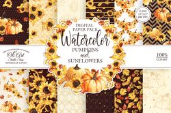 Digital paper pack. Watercolor sunflower and Pumpkin clipart digital backgrounds