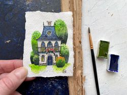 Small painting ACEO Original art Cute house Miniature watercolor 2.5x3.5 by Rubinova
