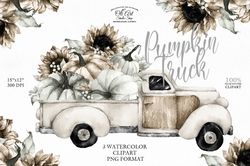 Pumpkin Truck. Sunflower. Fall, Halloween, Hand painted clipart