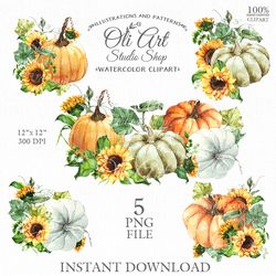 Sunflowers and pumpkins clip art. Autumn digital clipart