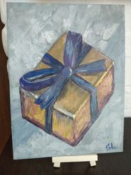 gift box oil painting original art surprise boxed hand painted oil painting wall art bow 9,5x7 inch
