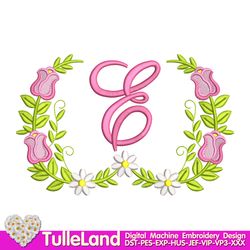 Frame with flowers and with the letter E Monogram Machine Embroidery Design