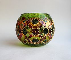 Soft Green Mosaic Kaleidoscope Hand-Painted Glass Candle Holder