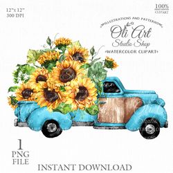 Watercolor Truck with Pumpkins and Sunflower. Fall design Digital Download. OliArtStudioShop