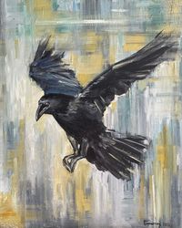 Original oil painting Black flying bird Raven Crow