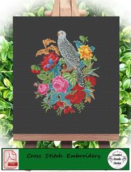Vintage Cross Stitch Scheme Falcon and flowers