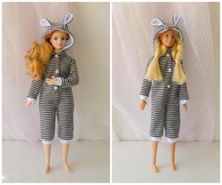 Barbie black white striped pajamas Curvy Standard Kigurumi Barbie jumpsiut Doll overall Pijama Onsie Outfit Barbie sleep