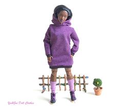 Curvy Barbie dress set Fashion doll Purple black hooded striped dress socks boots Sport style Sweatshirt Hoodie