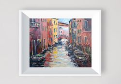 Venice Painting Cityscape Original Art Boat Impasto City Italy Wall Art Artwork Palette Knife