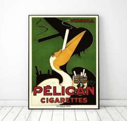 Funny Vintage Poster, Smoking pelican art printable, Vintage Wall Art