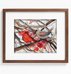 Red Cardinal original watercolor painting birds art 8x11 inch by Anne Gorywine