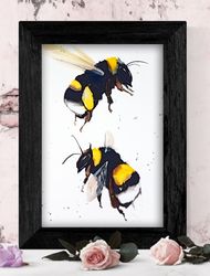 Watercolor original 8x11 inch 2 bumblebee painting insect by Anne Gorywine