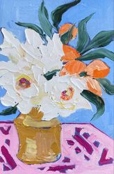 White flowers and apricots, Original oil painting on canvas panel, Fauvism art, Matisse inspired, Pink tablecloth.