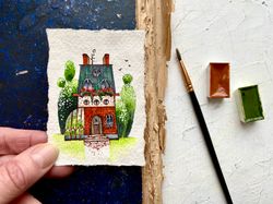 Mini art ACEO Original art Cottage painting Miniature watercolor 2.5x3.5 by Rubinova