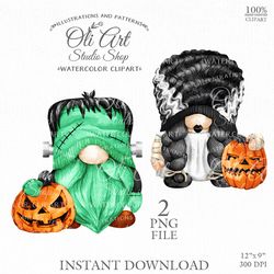 Halloween Digital Clipart. Frankenstein and Bride of Franken Gnome. Design Digital Download. OliArtStudioShop