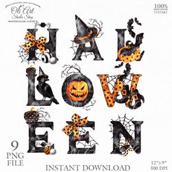 Happy HALLOWEEN clipart. Watercolor Word Halloween. Fall, Hand painted clipart 9 letters. Design Digital Download