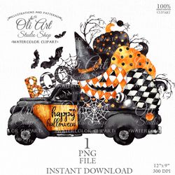Happy HALLOWEEN Watercolor Truck with Pumpkins. Fall, Halloween. Sublimation Png, Design Digital Download.
