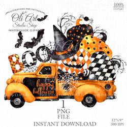 Happy HALLOWEEN Watercolor Truck with Pumpkins. Fall, Halloween. Sublimation Png, Design Digital Download