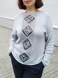 Women's sweater, granny square sweater, women's handmade sweater with sequins, cotton grey sweater, summer sweater