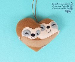 Gift for him Christmas tree ornament, Sloth stuffed animal Rain forest Heart for valentines day Felt Handmade toy